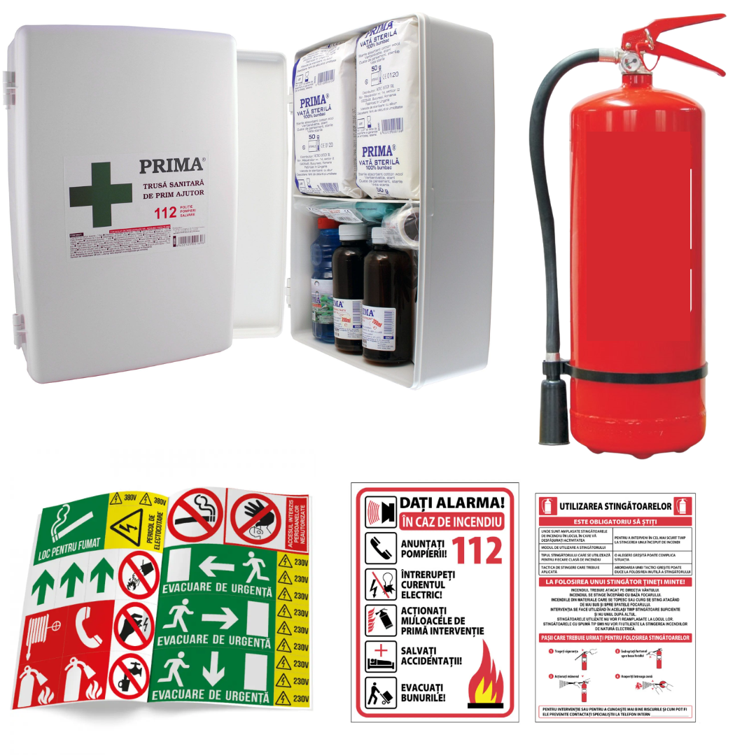 Pachet Trusa prim ajutor fixa + Stingator P6 + 28 Autocolante